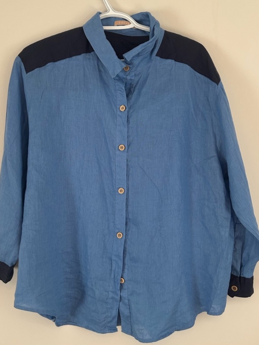 Cooka Blue Button-Front Shirt linen with Dark Navy Accents